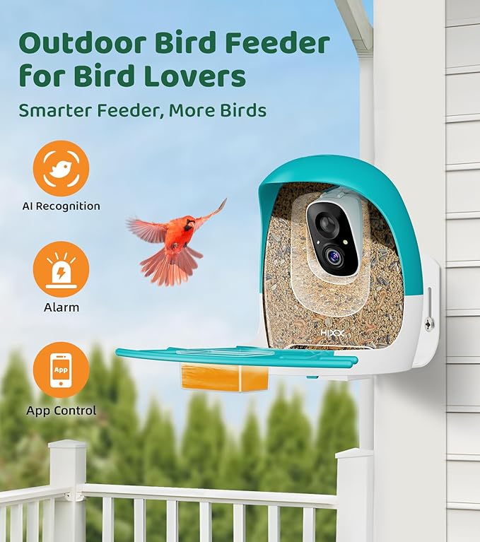 HIXX Smart Bird Feeder with Camera, AI Identify Birds & Auto Capture, 2K HD Live Camera Birdwatching with Color Night Vision for Bird Lovers Gifts (Blue)