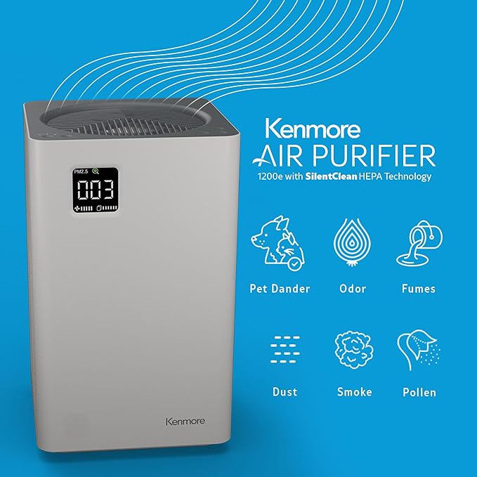 Kenmore PM2010 Air Purifiers with H13 True HEPA Filter, Covers Up to 1200 Sq.Foot, 24db SilentClean 3-Stage HEPA Filtration System, 5 Speeds for Home Large Room, Kitchens & Bedroom, PM2010
