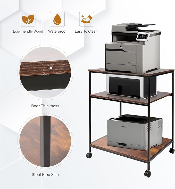 EMERIT 3-Tier Printer Stand for Laser/Inkjet/All-in-One - 23.6x18.9x31.5 Heavy Duty Cart w/Adjustable Shelves & Lockable Wheels, Storage for Scanner/Fax/Supplies - Industrial Home & Office