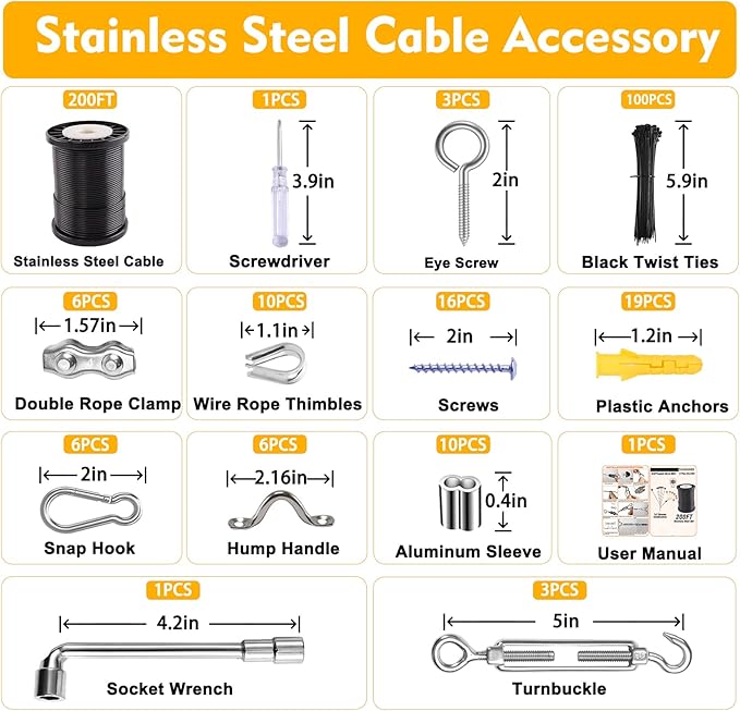 cyrico String Light Hanging Kit, Outdoor Light Guide Wire, Globe String Lights Suspension Kit with 200 Ft Nylon Coated Stainless Steel 304 Wire Rope Cable, Turnbuckle, Enough Accessories, Use Manual