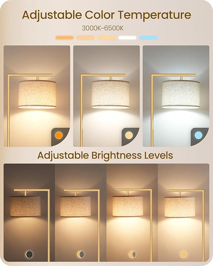 Modern Dimmable Floor Lamp for Living Room, Corner Tall Lamp with Fabric Shade, LED Bulb Included, Arched Reading Light with Remote Control and Foot Pedal, Beige and Gold DE11LD05