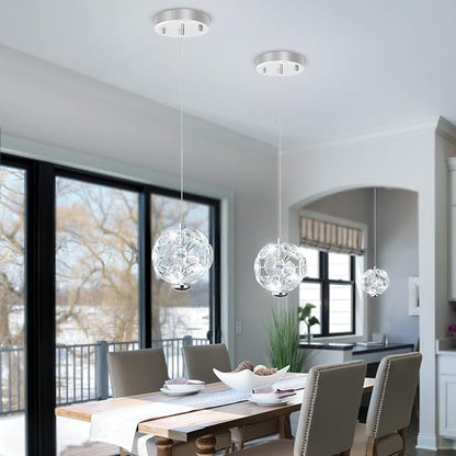 ykolupty Pendant Lights Kitchen Island Crystal Globe Chandelier LED Silver Island Light Crystal Pendant Light for Dining Foyer Entrance