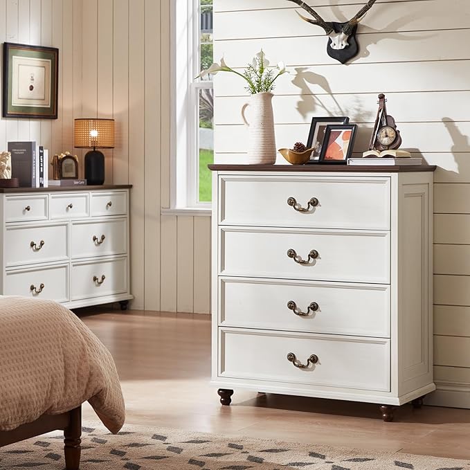 Farmhouse 4 Drawer Dresser for Bedroom, 37" Tall Rustic Chests of Drawers w/ 4 Solid Wood Feet, Mid Century Modern Wooden Closet Storage Dressers Organizer for Living Room, Hallway, White
