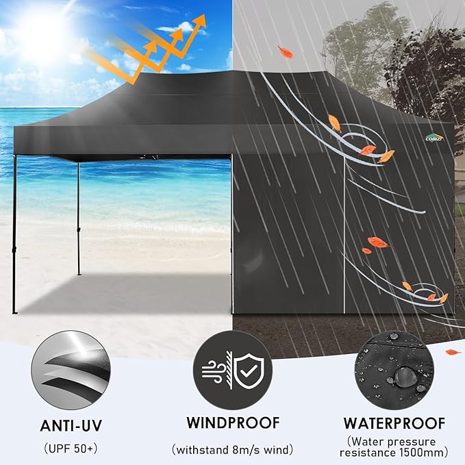 COBIZI 10x20 Heavy Duty Pop up Canopy Tent with 6 sidewalls Easy Up Commercial Outdoor Canopy Wedding Party Tents for Parties All Season Wind & Waterproof Gazebo with Roller Bag,Black(Frame Thickened)