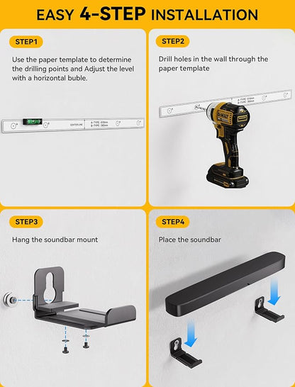 MUAKIOY SoundBar Wall Mounts, Universal Sound Bar Brackets Under TV, Depth Adjustable 3.4" to 5.8" for More Soundbars, Dual Spearkers Holders with All Hardware Kit