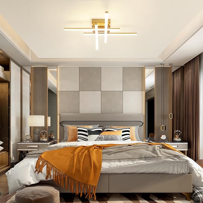 CANEOE Modern Ceiling Light Fixture, Gold Dimmable Close to Ceiling Light with Remote Control,Sputnik Flush Mount Ceiling Lamp for Bedroom Living Room Kitchen Modern Chandelier Light Fixture Ceiling