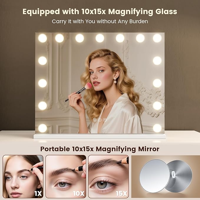 VESAUR Hollywood Vanity Mirror with 10X/15X Magnification and Lights, USB/Type-C Port Makeup Mirror with 15 Dimmable LED Bulbs, 3 Color Modes, Tabletop & Wall Mount for Bedroom, Aluminum（23"x18"）