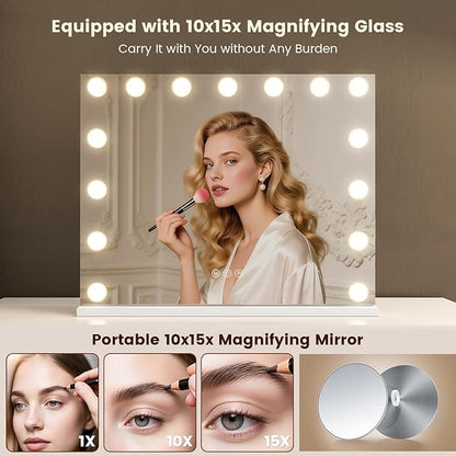 VESAUR Hollywood Vanity Mirror with 10X/15X Magnification and Lights, USB/Type-C Port Makeup Mirror with 15 Dimmable LED Bulbs, 3 Color Modes, Tabletop & Wall Mount for Bedroom, Aluminum（23"x18"）