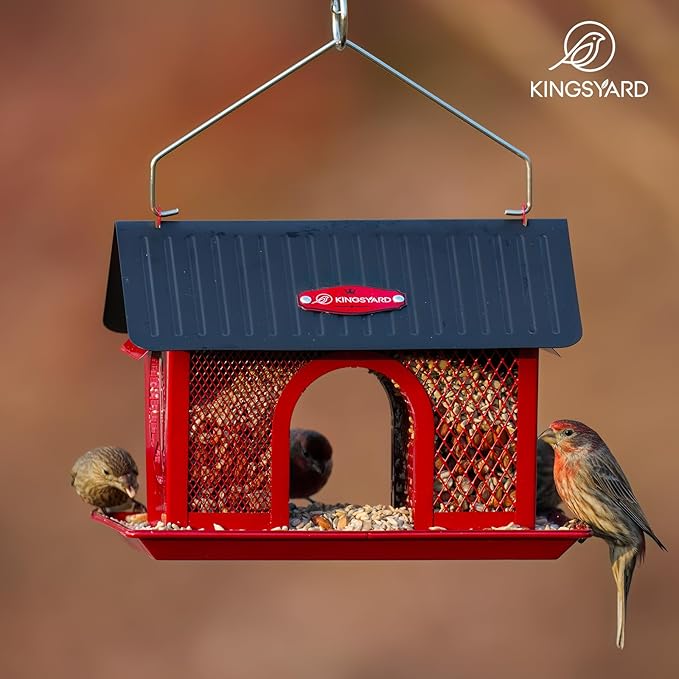 Kingsyard Metal Bird Feeders for Outdoors Hanging, Wild Bird Feeder with Seed Tray and Weatherproof Roof, 3 lbs Seed Capacity, Red