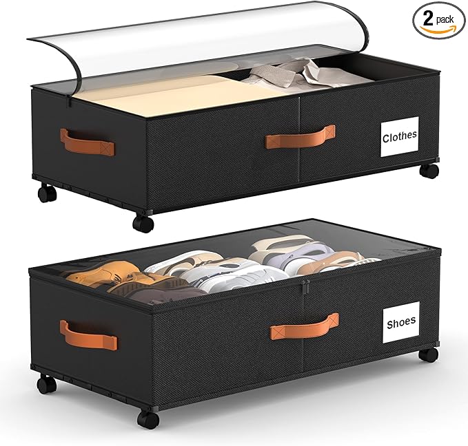 Under Bed Storage Containers with Wheels, 9.5 inches Higher Underbed Shoes Blankets Clothes Toy Storage Drawers for College Dorms Bedrooms Nursery Rooms Organization, 2 Pack to be Assembled