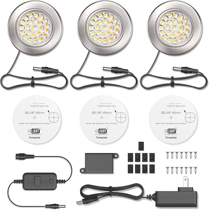 GETINLIGHT 2.5" Wide 3000K Dimmable LED Puck Lights Kit, Plug-in Installation with Recessed or Surface Mounted, Brushed Nickel Finish Over Metal Construction, Set of 3, IN-0113-3-SN