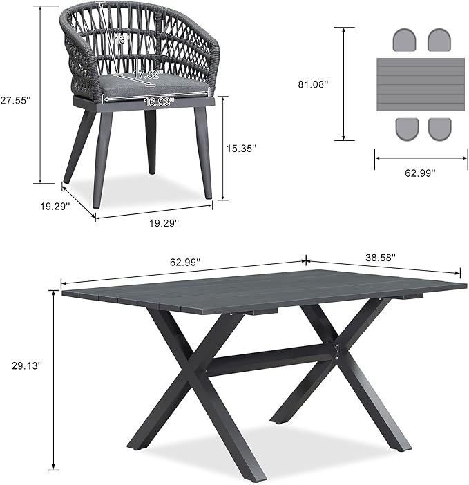 PURPLE LEAF 5 Pieces Outdoor Dining Set All-Weather PE Rattan Outdoor Patio Furniture Set with All Aluminum Frame Rectangular Table and Chairs Set for Lawn Garden Backyard Deck, Grey