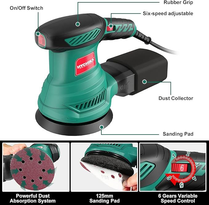 5-Inch Random Orbital Sander, HYCHIKA 13000RPM Electric Orbital Sander with 6 Various Speeds, Palm Sander with 12 Pcs Sandpapers, 1 Pcs Dust Bag, Fit for Woodworking/Sanding