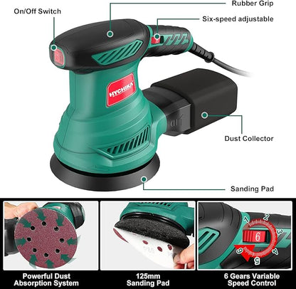 5-Inch Random Orbital Sander, HYCHIKA 13000RPM Electric Orbital Sander with 6 Various Speeds, Palm Sander with 12 Pcs Sandpapers, 1 Pcs Dust Bag, Fit for Woodworking/Sanding