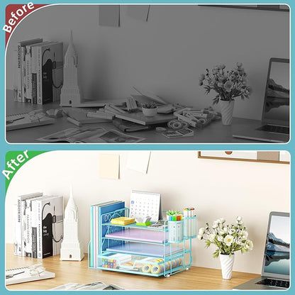 Marbrasse Desk Organizer and Accessories，4-Tier Paper Letter Tray Organizer with File Holder, Desk Accessories & Workspace Organizers with Drawer and 2 Pen Holder (Blue, 15.4" x 9.1" x 8.3")