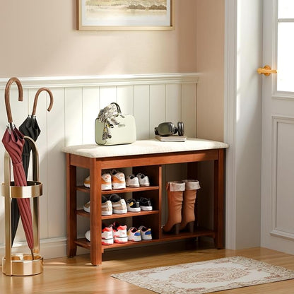 Shoe Rack Bench, Solid Wood Entryway Bench with Cushion and Flip-Top Storage, Adjustable Shelf, Shoe Organizer Bench for Front Door Entrance, Hallway, Living Room, Mudroom (Beige, 31.5" L)
