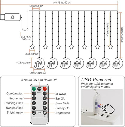 Lewondr Ramadan Curtain String Lights, 138 LED Moon Castle Star Fairy Lights with 6H Timer, 8 Modes, Remote Control, USB Powered Curtain String Light, Eid Mubarak Decorations for Ramadan Home, Orange