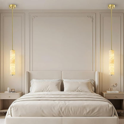 LMQNINE Natural Alabaster Pendant Lights White Marble 15" Long Tube Adjustable Boom Chandelier Modern 3000K Gold Ceiling Light for Kitchen Island Bedroom Dining Room Living Room Hallway(S-2Pack)