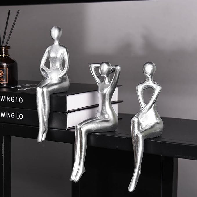 Quoowiit Thinker Statue Office Desk Decor, Silver Art Sculpture Ornament Coffee Table Bookshelf Decor Modern Home Unique Home Decorations for Living Room 3 Piece