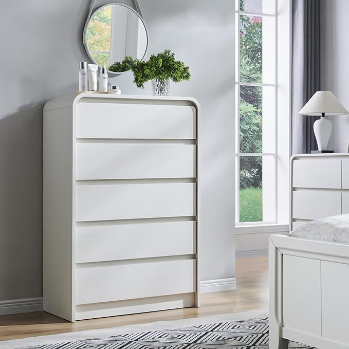 Modern 5 Drawers Dresser for Bedroom, 45" Tall Dressers & Chests of Drawers w/Curved Profile Design, Wood Mid Century Vertical Dresser w/Natural Texture for Bedroom, Living Room, Antique White