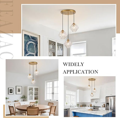 3-Light Cluster Pendant Lights, Mid Century Modern Cluster Chandelier with Ribbed Glass, Brass Gold Pendant Lighting for High Ceiling, Kitchen Island, Staircase, Dining Room, Living Room