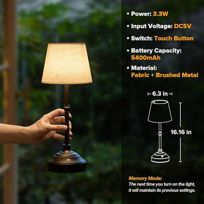 2 Pack Cordless Table Lamp, Rechargeable Desk Lamp with Fabric Shade, Battery Operated Lamp 3 Color Stepless Dimming, Small Touch Bedside Lamp Home Decor for Dining, Counter (Matte Black)