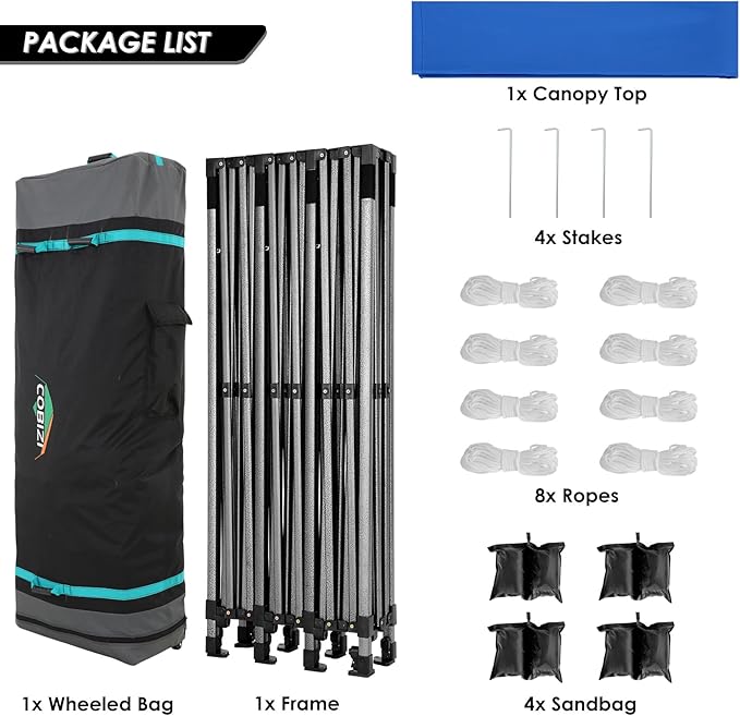 COBIZI 10x30 Pop up Canopy, Heavy Duty Outdoor Party Tents for Parties, Ez up UPF 50+ Waterproof Commercial Canopy with Wheeled Bag can fold, Blue(Windproof Upgraded)
