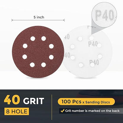 HARFINGTON 100 Pcs 5 Inch Sanding Discs, 40 Grit Hook and Loop Sandpaper, 8-Hole Aluminum Oxide Orbital Sander Sandpaper for Woodworking Automotive Metal Polishing, Red