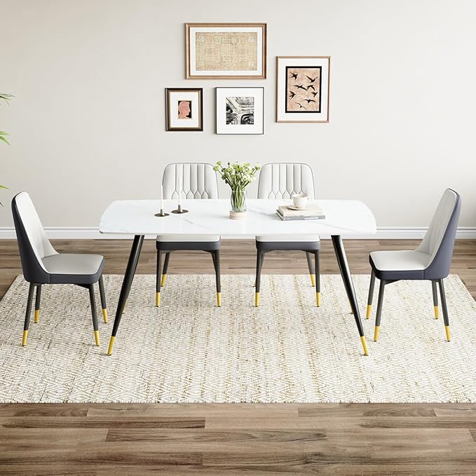White Dining Table Set for 4, 62'' Dining Table Set for 4, Sintered Stone Dining Room Sets for 4, Easy to Assemble