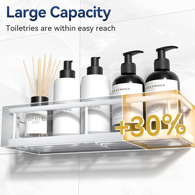 YASONIC Shower Caddy Adhesive, No Drill Bathroom Shower Organizers, with Removable Hooks, Rust Proof Shower Shelves, Wall-Mounted Shower Holder, White, 2 Pack