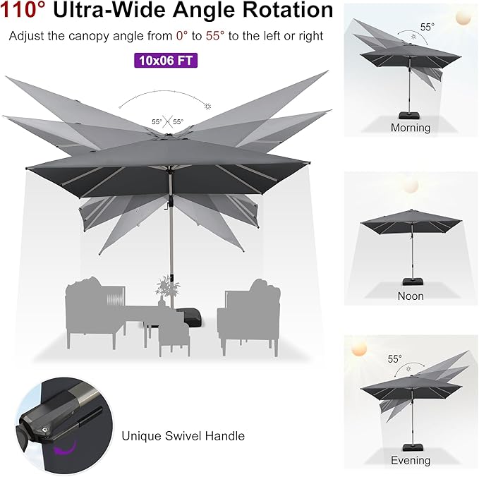 PURPLE LEAF 10' X 6.5' Left-right Tilting Patio Umbrella with Base Outdoor Swivel Cantilever Offset Aluminum Umbrella with Champagne Frame and 360-degree Rotation for Garden Deck Pool, Grey