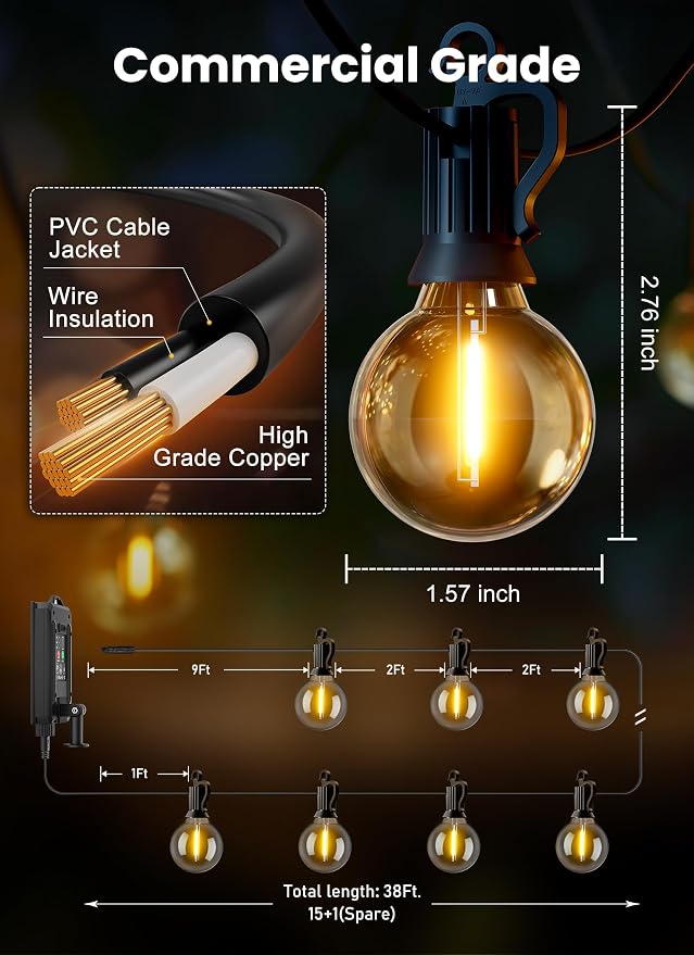 Brightown 38FT 16LED Solar String Lights Outdoor with Remote & USB Port, Shatterproof Bulbs, Dimmable & Timable, 3 Modes, Patio Lights with Mount Clips for Backyard Garden Decor - Last for 36+Hrs