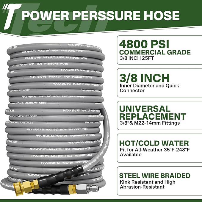 5000PSI Pressure Washer Gun and Hose Kit, 25FT Kink Resistant Steel Braided Power Washer Hose with 3/8" Swivel Quick Connector and M22 14mm Adapters Replacement/30" Extension Washer Wand