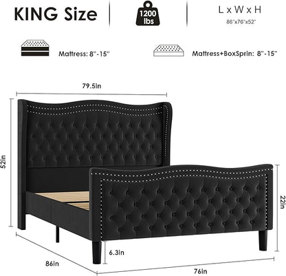 King Bed Frame with Tall Headboard & Footboard, Velvet Upholstered Platform Bed Frame with Deep Button Tufted Wingback, No Box Spring Needed, Noise Free, Black
