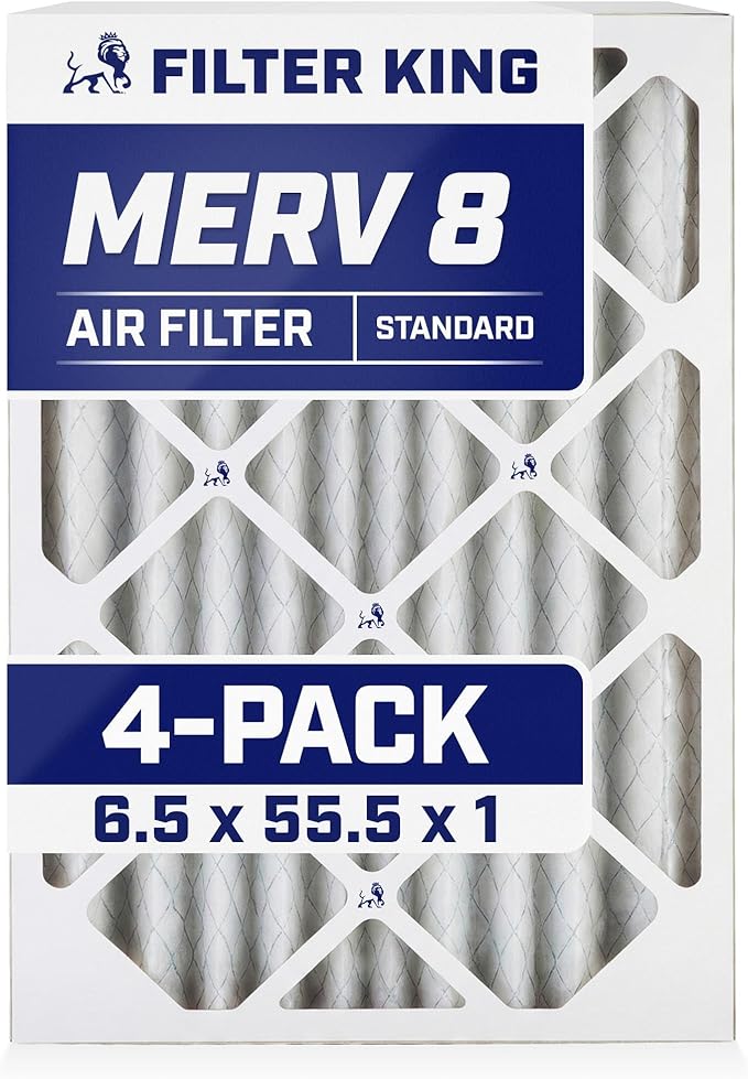 Filter King 6.5x55.5x1 Air Filter | 4-PACK | MERV 8 HVAC Pleated A/C Furnace Filters | MADE IN USA | Actual Size: 6.5 x 55.5 x .75"