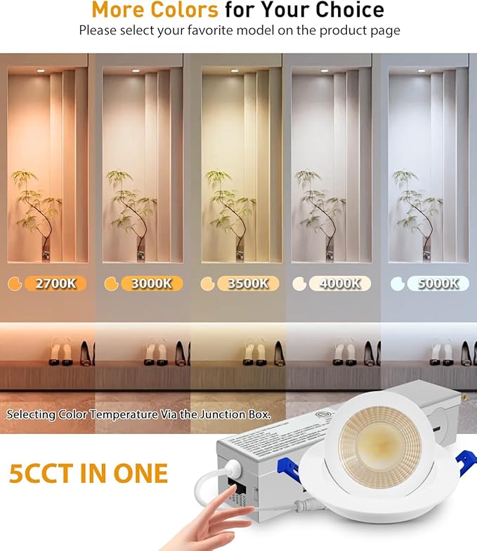 Adetu 2 Inch 5CCT Gimbal Led Recessed Lighting with Junction Box, 360°+90° Adjustable Recessed Can Lights, 2700K/3000K/3500K/4000K/5000K Selectable, 5W Eqv 50W, 550LM Brightness - ETL (White,12 Pack)