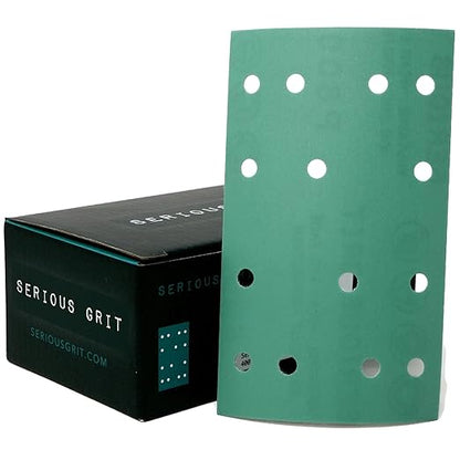 Serious Grit - 3" x 5" (80mm x 133mm) 14-Hole 800 Grit Sanding Sheets - Fits Festool RTS 400 & Mirka Deos 353 - Heavy-Duty Hook & Loop Film Abrasives - Sandpaper for Sheet Sanders - 50 Pack Box