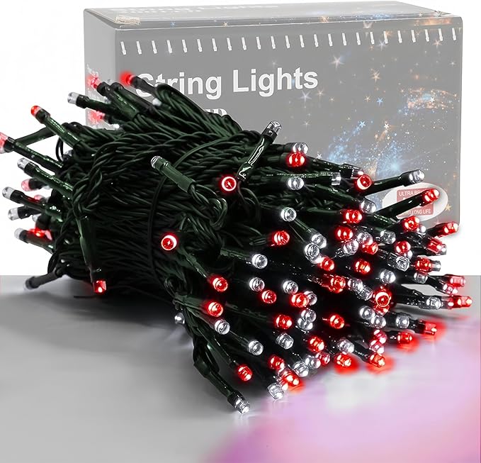 HOME LIGHTING 66ft Valentines Decorative Mini Lights, 200 LED Green Wire Fairy String Lights Plug in, 8 Lighting Mode, for Indoor Outdoor Christmas Tree Wedding Party Garden Decor (Red & White)