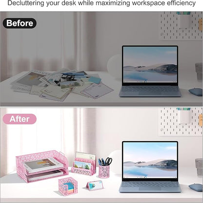 EasyPAG Desk Organizers and Accessories 5 Pieces Office Supplies Set - 2 Tier Paper Tray, Pencil Organizer for Desk, Mail Sorter Countertop, Business Card Holder and Sticky Note Holder, Pink