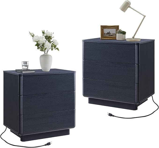ACCOHOHO 22" Modern Nightstand Set of 2 with Charging Station, Push-to-Open Handleless 3-Drawer Bedside Table, Large End Table with Storage, Night Stand for Bedroom, Living Room, Curved Profile, Black