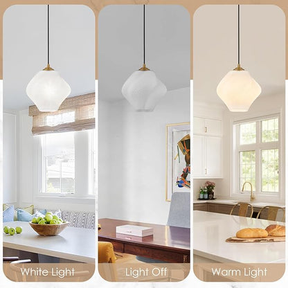Milk White Glass Pendant Light, Mid Century Modern Ceiling Hanging Lights Fixture with Height Adjustable, Brass Gold Pendant Lighting for Kitchen Island, Hallway, Dining Room, Bedroom(1 Pack)