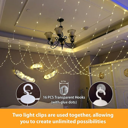 HXWEIYE 300LED Fairy Curtain Lights, 9.8x9.8Ft USB Plug-in 8 Modes Christmas String Hanging Lights with Remote for Bedroom Backdrop Wedding Indoor Wall Decor, Warm White, Tangle-Free – 1 Pack