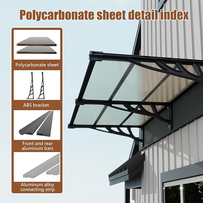 Door Awning Window Canopy, Modular Spliced Awnings for Outside,Porch,Patio,Deck,Polycarbonate Sheet,UV, Rain, and Snow Protection (Brown Board & Black Bracket, 35'’*120'’)