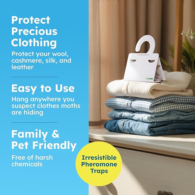 BugMD Clothes & Pantry Moth Traps (6 Count) – Sticky Glue Pheromone-Based Repellent for Closets, Cabinets & Wardrobes – Non-Toxic - White