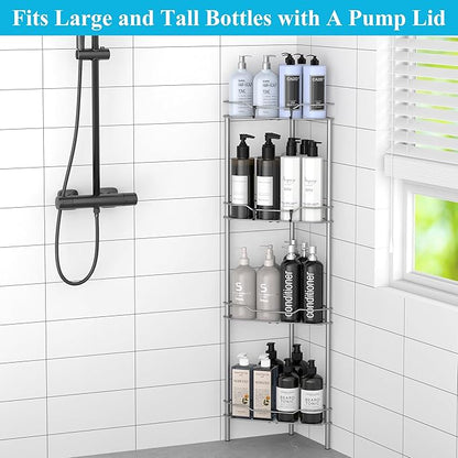 HuggieGems 4 Tier Floor Standing Corner Shower Caddy Organizer Shelf with Hooks, Bathroom Shelves Stand Rack, Gray