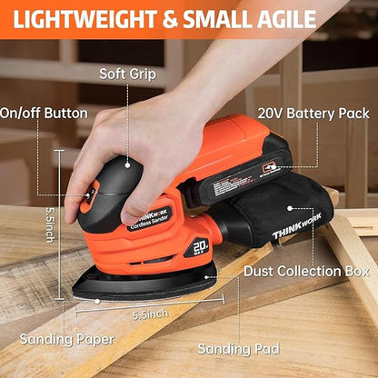 THINKWORK Cordless Detail Sander - 20V/2.0 Ah Battery Sander, 12000 RPM Electric Palm Sander with Dust Collection System for Sanding Tight Spaces on Wood Surfaces, Included 21 Sandpapers