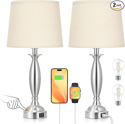 Beige Lamps for Bedrooms Set of 2 - Touch Control Bedside Lamp with USB C+A, 3 Way Dimmable Nightstand Lamps with USB Port, Table Lamp for Living Room(Beige Shade and Nickel Base)