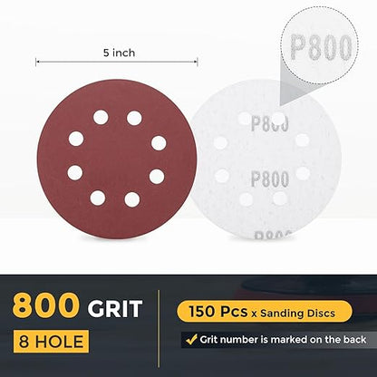 HARFINGTON 150 Pcs 5 Inch Sanding Discs, 800 Grit Hook and Loop Sandpaper, 8-Hole Aluminum Oxide Orbital Sander Sandpaper for Woodworking Automotive Metal Polishing, Red