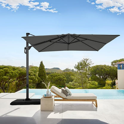 GREEN PARTY 10x10 ft Cantilever Patio Umbrella with Base, Rectangle Offset Outdoor Umbrellas with 360° Rotation, 5-Year-Non-Fading Hanging Pool Umbrella for Garden Deck Poolside - Grey