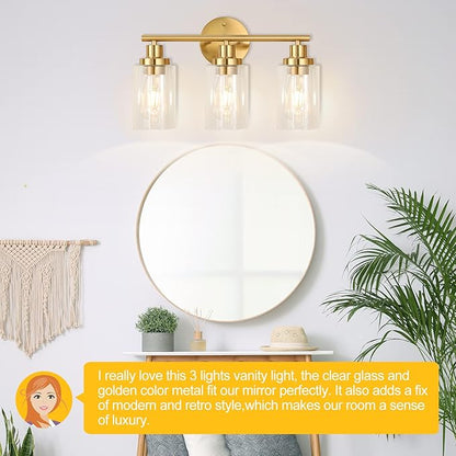 Brushed Brass Bathroom Wall Light Fixtures 3 Lights Vanity Wall Sconce with Clear Glass Shade Modern Farmhouse Wall Lamp for Bathroom Mirror Kitchen Living Room Workshop